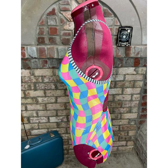 Dolphin swimsuit one piece waves yellow pink green blue - Picture 5 of 11